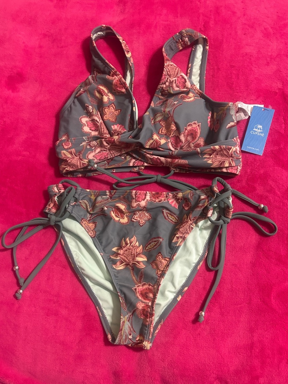 Cupshe Gray Floral Tie-Detail Bikini with Coral Flowers